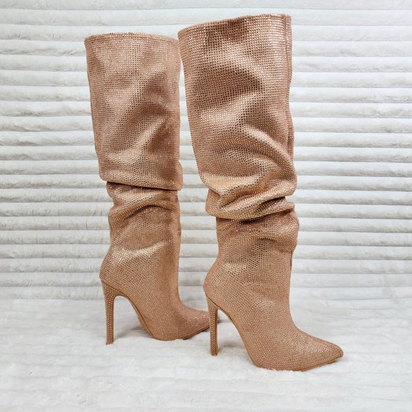 Radiant Beige Rhinestone High Heel Slouch Knee High Boots - Picture 3 of 9